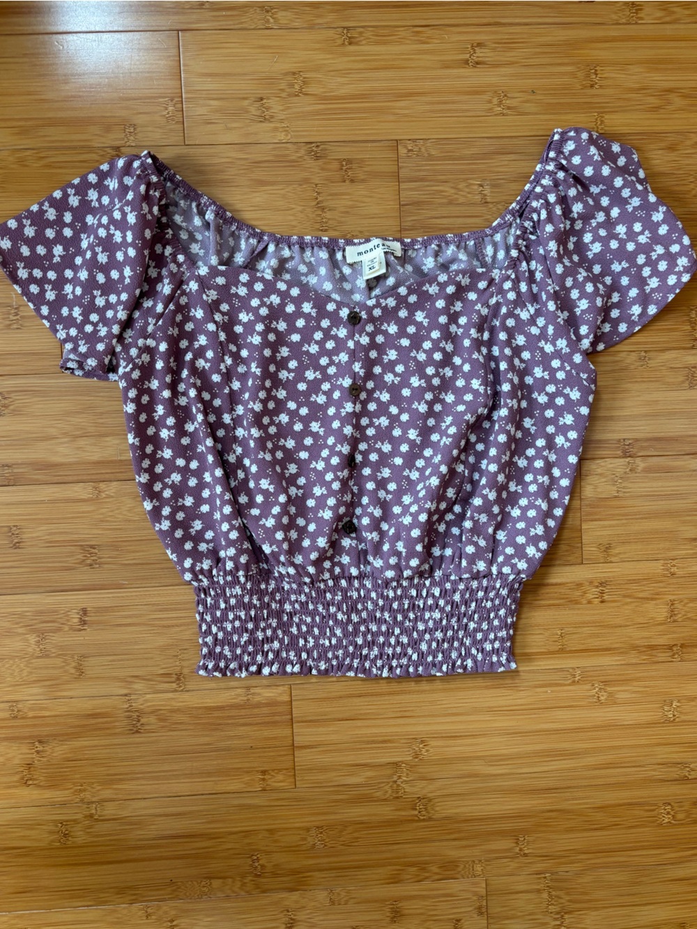 Monteau Mauve Purple with White Flowers Short Sleeve Button Blouse size XL